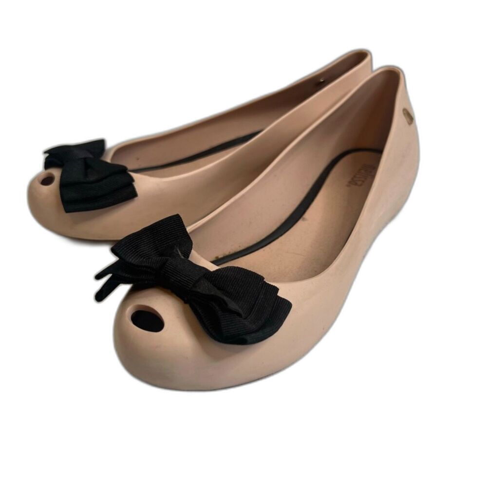 Melissa Pink Ballet Flats with Black Bow Rubber Slip On Size 7